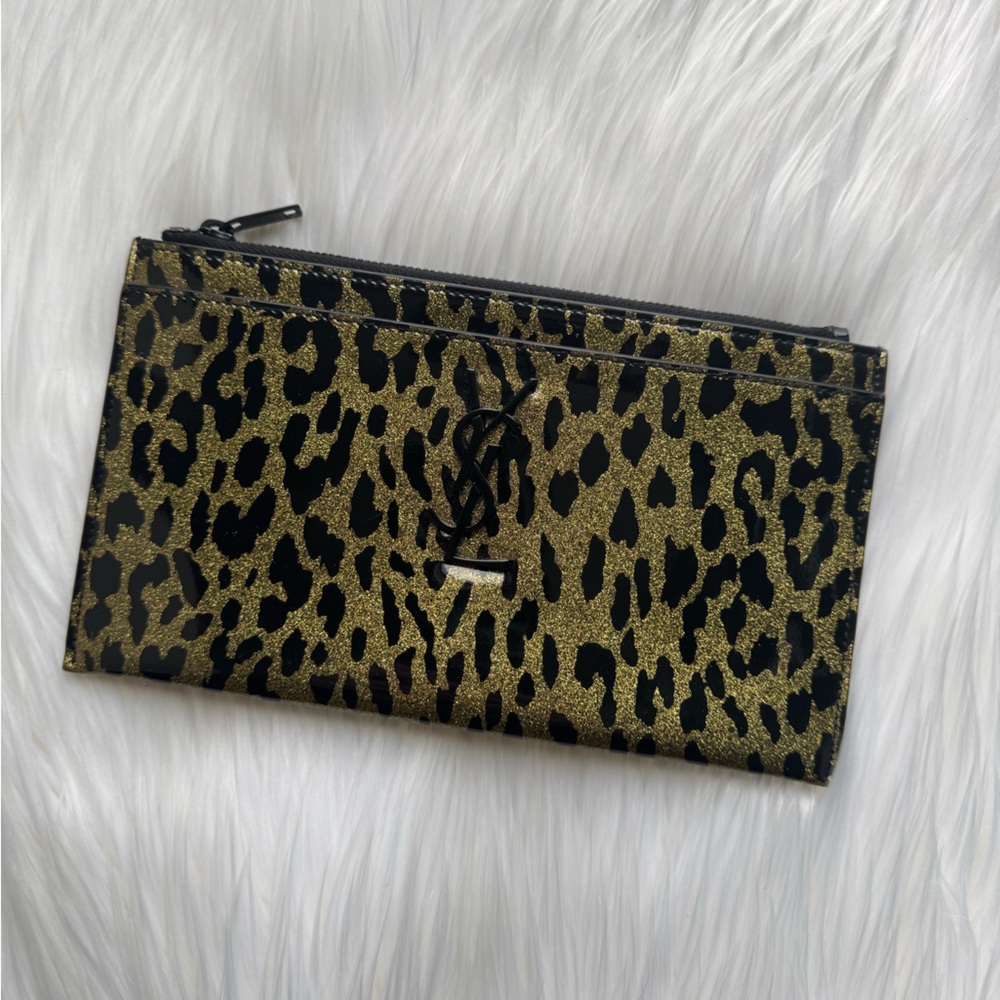 Saint Laurent Patent Glitter Leopard Zip Pouch Wallet